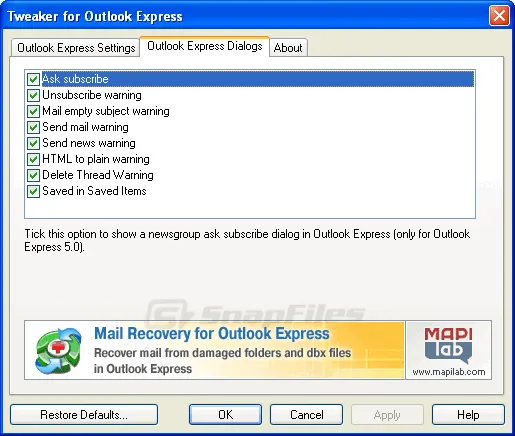 Tweaker for Outlook Express ภาพหน้าจอ 2