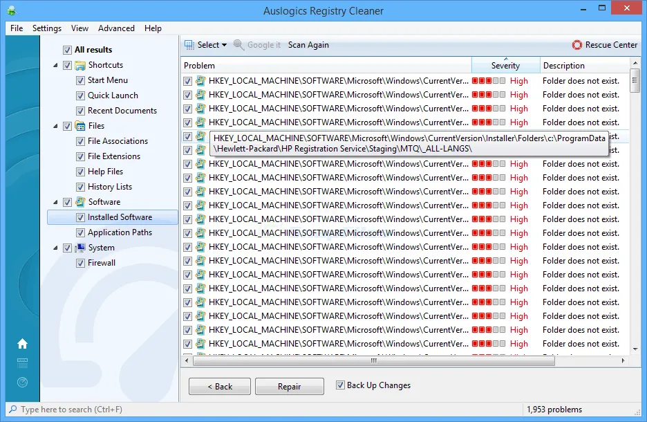 Auslogics Registry Cleaner ภาพหน้าจอ 2