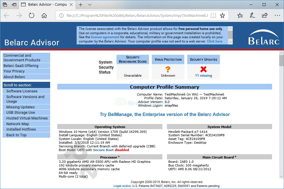 Belarc Advisor ภาพหน้าจอ 1