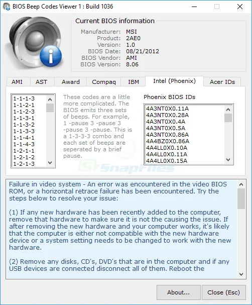 BIOS Beepcodes Viewer ภาพหน้าจอ 2