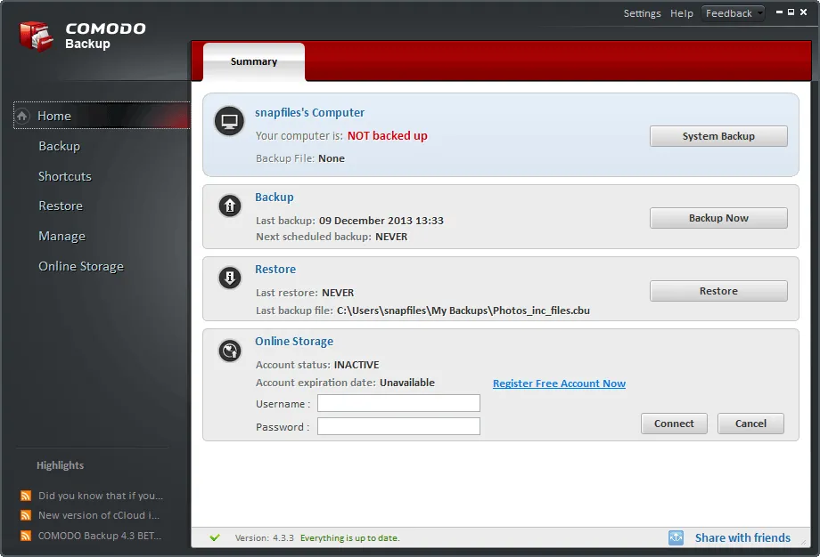 Comodo Backup ภาพหน้าจอ 1