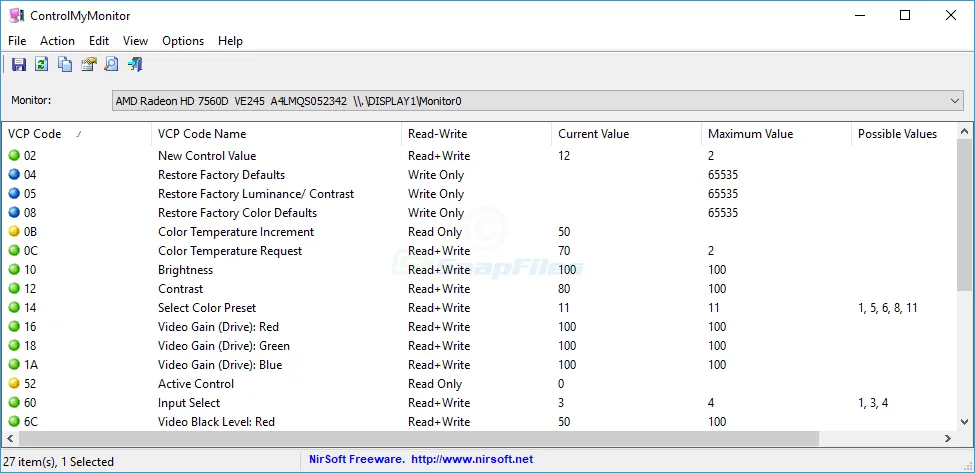 ControlMyMonitor ภาพหน้าจอ 1