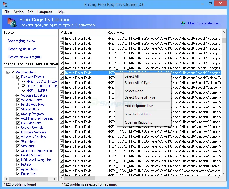 Eusing Free Registry Cleaner ภาพหน้าจอ 1