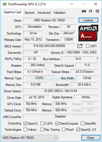 GPU-Z ภาพหน้าจอ 1